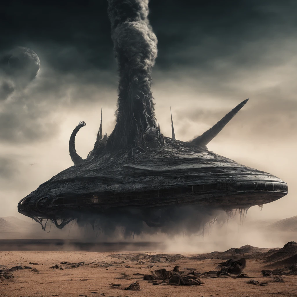 glossy phallic spaceship crash landing on alien planet, tentacles, smoke