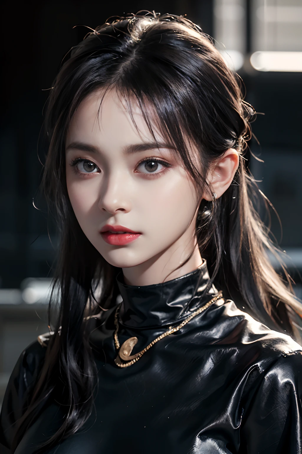 a 25yo woman,(hi-top fade:1.3),Long hair,Dark theme, Soothing tones, Muted colors, High contrast, (Natural Skin Texture, Hyper-Realism, Soft light, sharp),pursed lips, Angry face, Medium bust, Tight shirt,