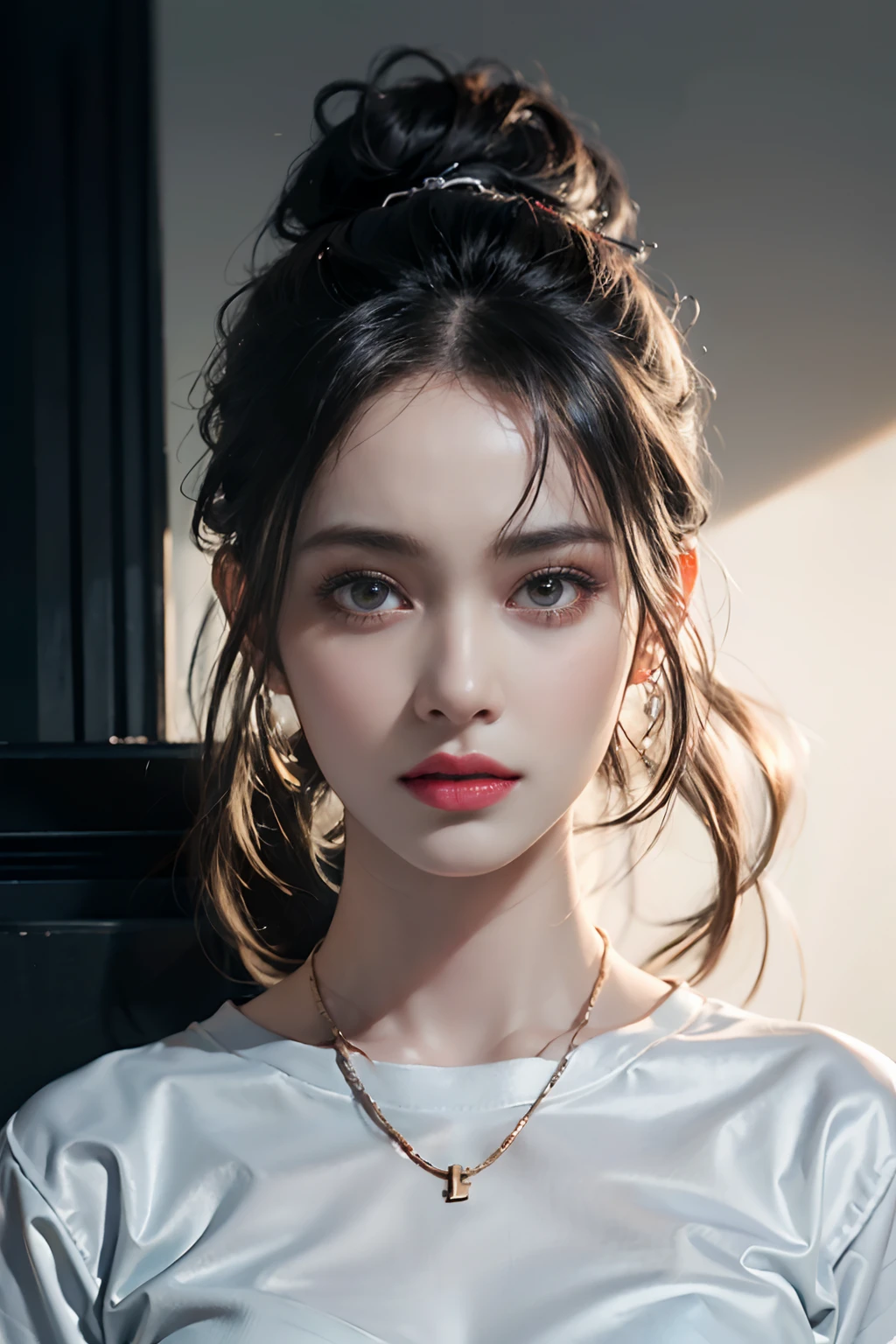 a 25yo woman,(hi-top fade:1.3),Long hair,Dark theme, Soothing tones, Muted colors, High contrast, (Natural Skin Texture, Hyper-Realism, Soft light, sharp),pursed lips, Angry face, Medium bust, Tight shirt,
