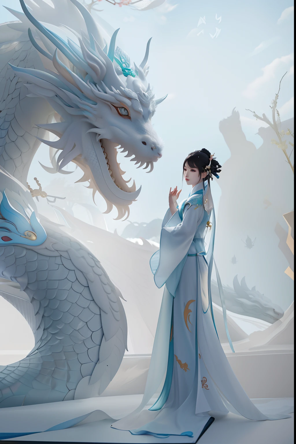 Masterpiece, best quality, make friends with Chinese dragons, funny, happy, bright, dragon, daji, nine tails, girl, 18 years old, fair skin, white hair, two-color light, large aperture, low ISO, white balance, rule of thirds