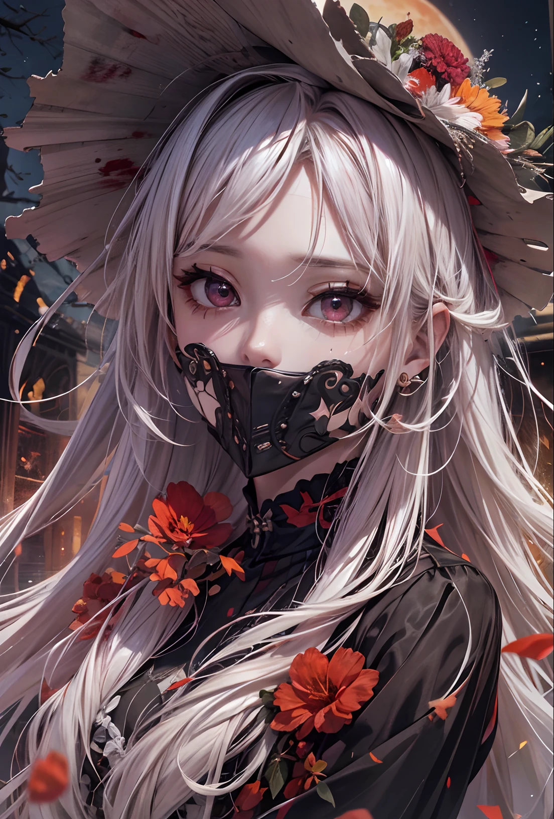 absurderes, ultra-detailliert,bright colour, extremely beautiful detailed face and eyes,top-quality、masutepiece、horor、Valley、cabelos preto e longos、red eyes、Return blood、Ruins、starrysky、Red Moon