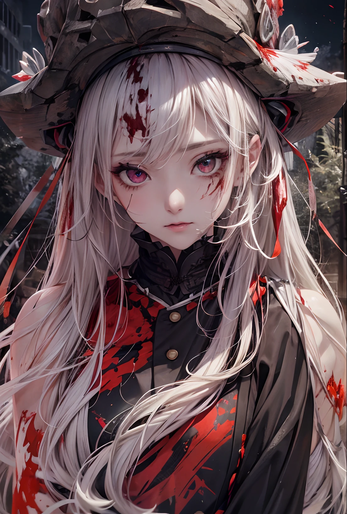 absurderes, ultra-detailliert,bright colour, extremely beautiful detailed face and eyes,top-quality、masutepiece、horor、Valley、cabelos preto e longos、red eyes、Return blood、Ruins、starrysky、Red Moon