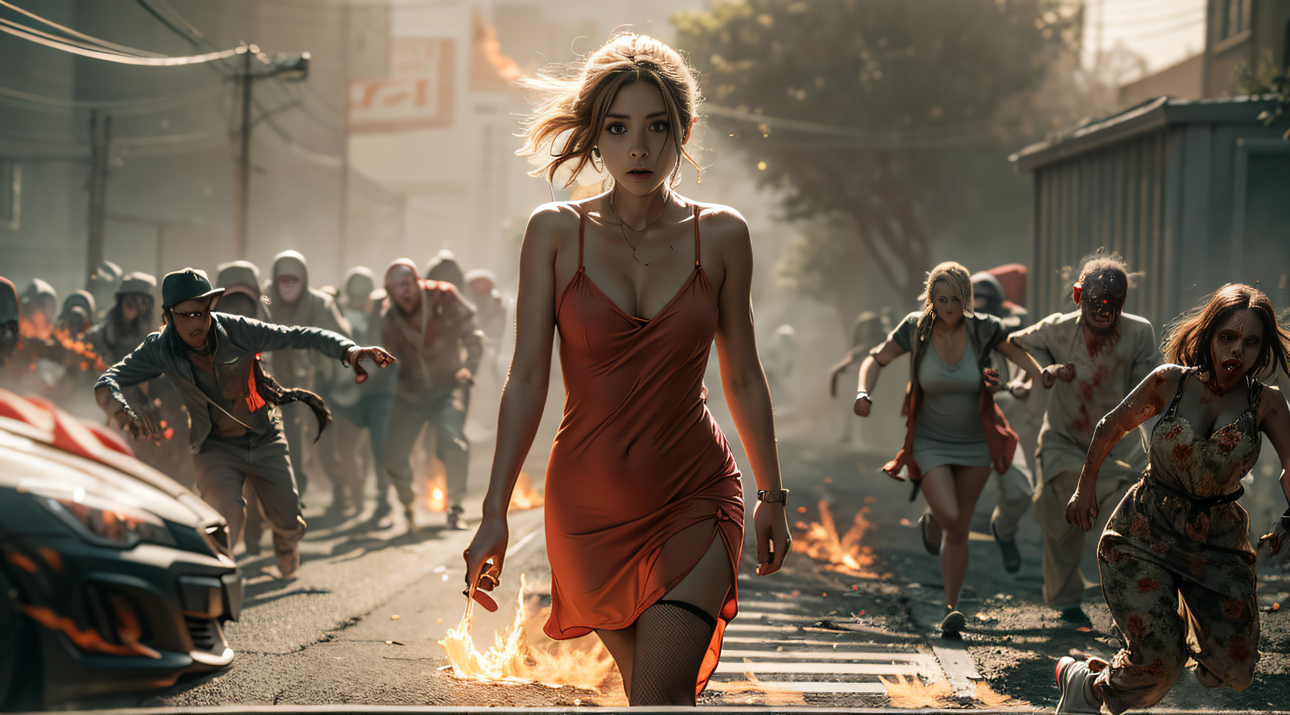 sunny mid day,She wore a short slip dress,Run away on the road, Behind her, There is a large group of zombies chasing, Flames and general destruction, The darkness of the Dark Ages,Medium shot,Cinematic light and shadow,8K clarity