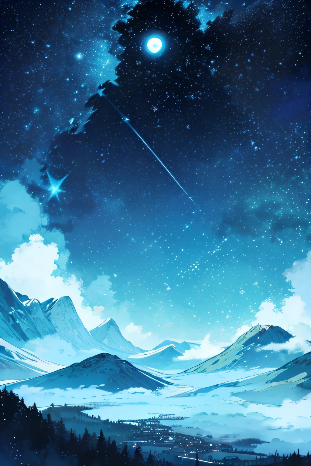 star backround, star and skies, moon, starry sky, night, simple background, mountains clouds, nebula, blue, teal, 40% of stars are shooting, sparse stars, shooting stars flying left,