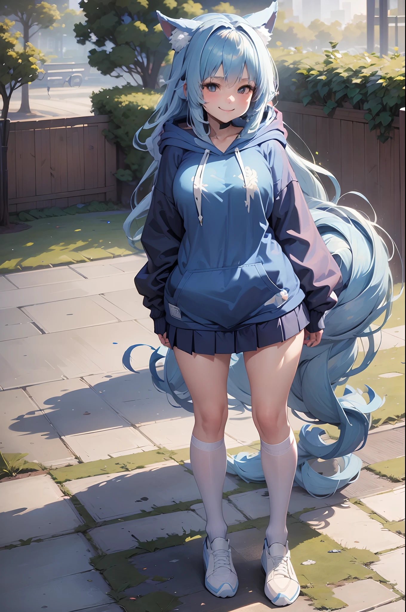 (Masterpiece) (High Detail) (High Res) A small petite humanoid girl with long blue hair, blue dog ears and a fluffy dog tail, is stood in the middle of a park. Stood up. Full body reference image. white socks, blue hoodie, pleated skirt. png, blank background, smiling.