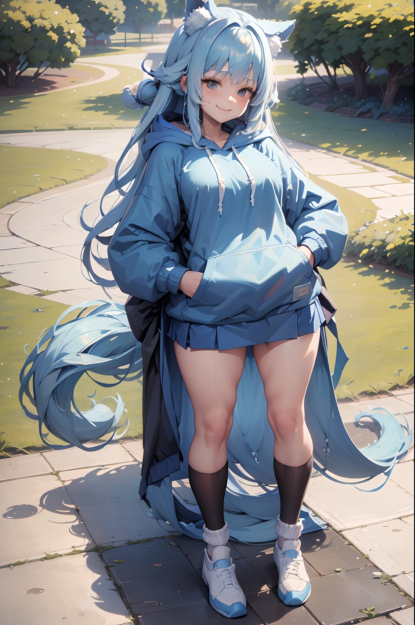 (Masterpiece) (High Detail) (High Res) A small petite humanoid girl with long blue hair, blue dog ears and a fluffy dog tail, is stood in the middle of a park. Stood up. Full body reference image. white socks, blue hoodie, pleated skirt. png, blank background, smiling.