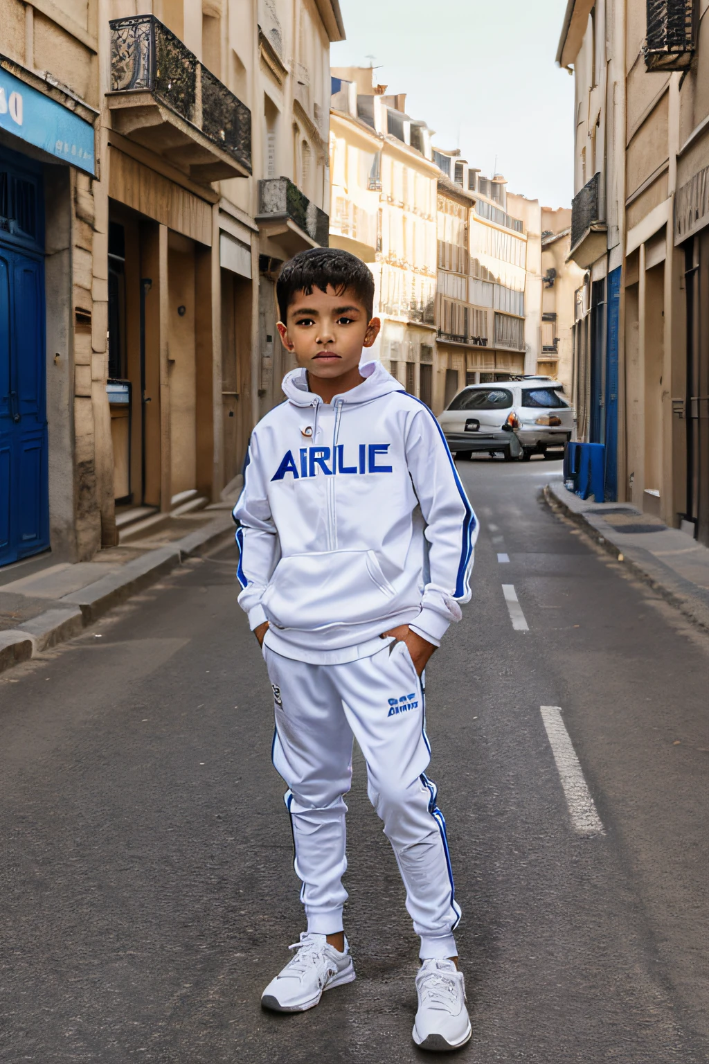 an arabe boy in france, street background, sportswear outfit