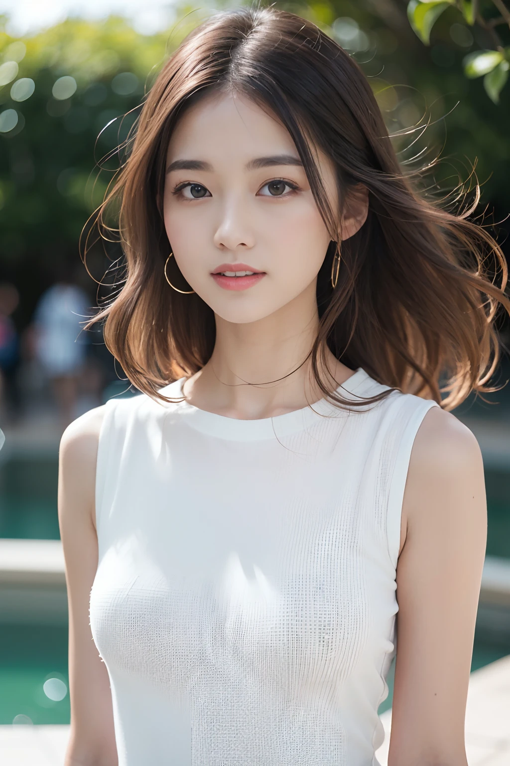 tmasterpiece,Highest image quality,insanely details,Delicate Face Portrayal,((Casual wear)),8K分辨率,Delicate face,Lover's smile,Lovely peerless beauty,Delicate and translucent eyes,Long silver messy hair,street,(Gorgeous Light and Shadows),Soft focus,Real Shadow,8K HD,upperbody closeup,depth of fields,Beautiful smooth collarbone,Medium chest,ultraclear,FROM ABOVE