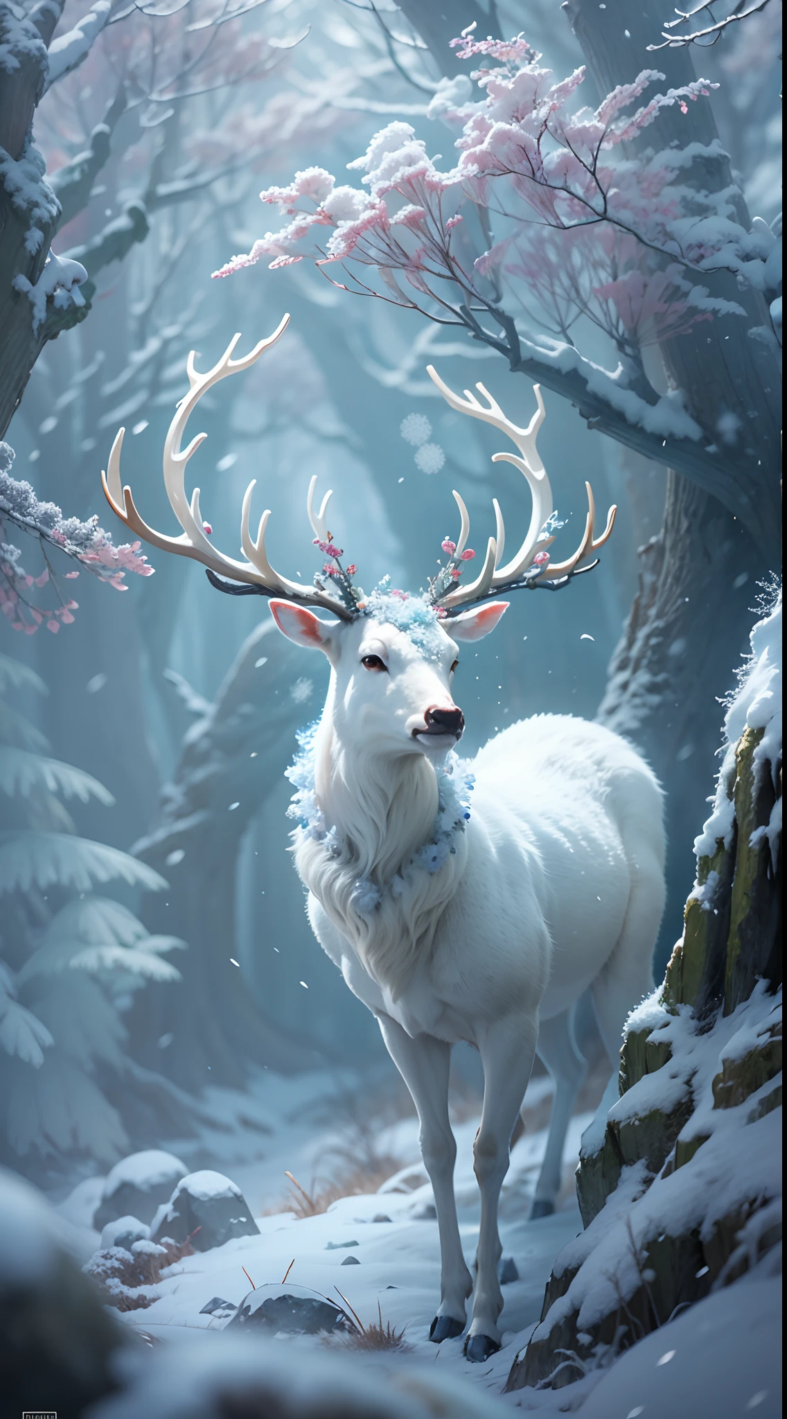 Ice and snow deer that come leisurely, The pure white body realizes the ice wonderland, Yan Jun changed the wind, Exhale white air in transparent air, Together with the ethereal trees, it forms a fantastic sight, High-quality CG paints a spectacular picture, Yue Xiaofei's character design is perfect and exquisite, The curves are great, And the whole scene is more like the outer world under the blessing of the depth of field effect，The theme of the forest，buliding