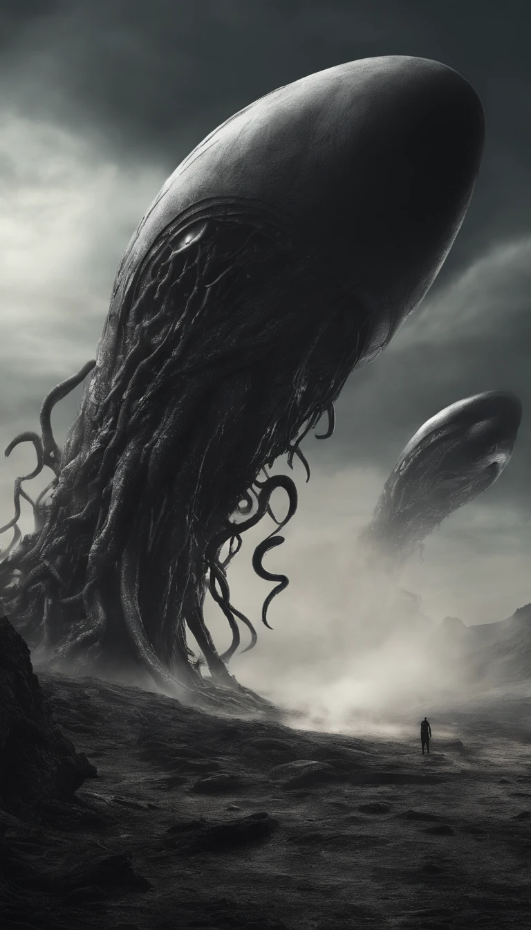 glossy phallic spaceship crash landing on alien planet, tentacles, smoke