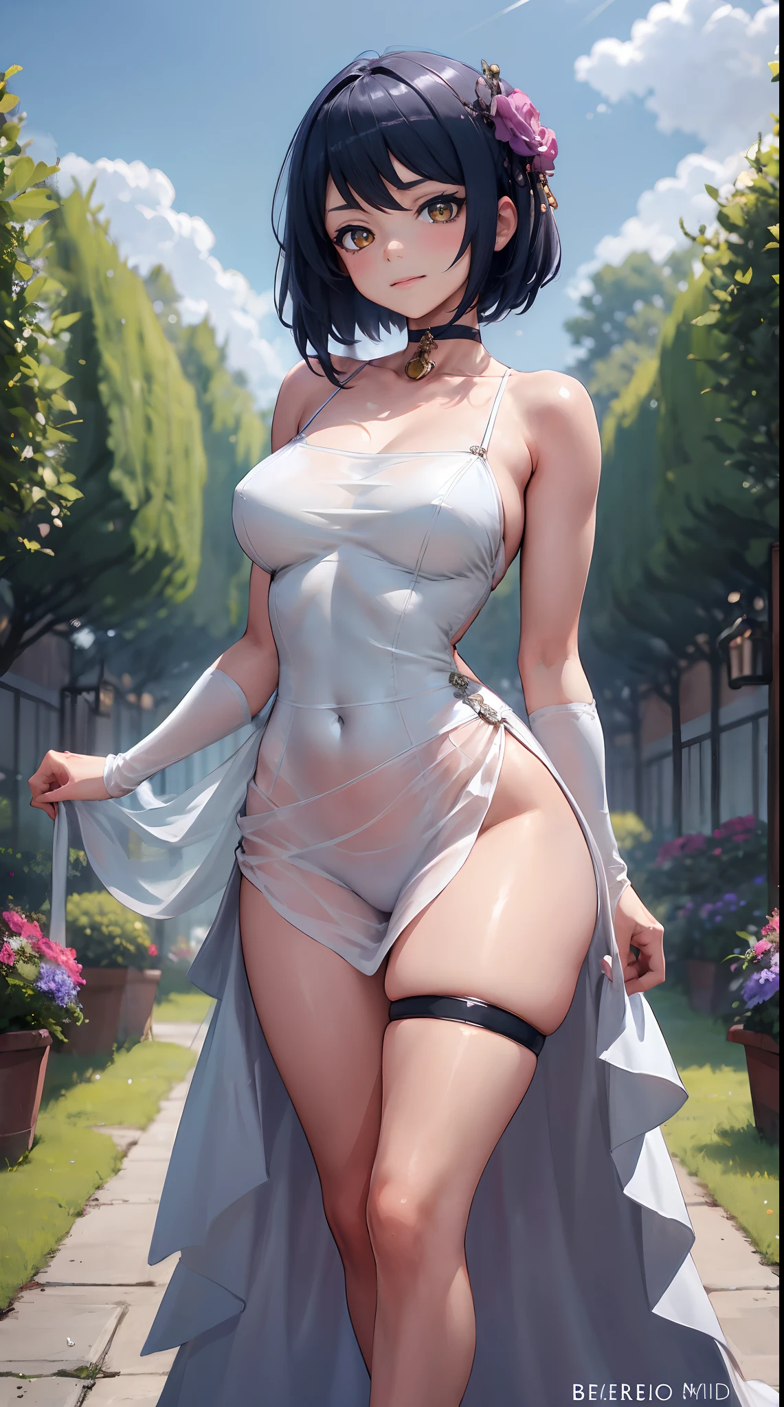 Kujou Sara| genshin impact, master-piece, bestquality, 1girls,25 years old, proportional body, proportional., Wedding Dresses, White Wedding Dress, Long skirt, mediuml breasts, ,bara, choker, Standing in the middle of a flower garden, outdoor, The sky is beautiful, arm behind back, View viewers from the front., Thigh strap, Head tilt, bored, HD, slight smile,