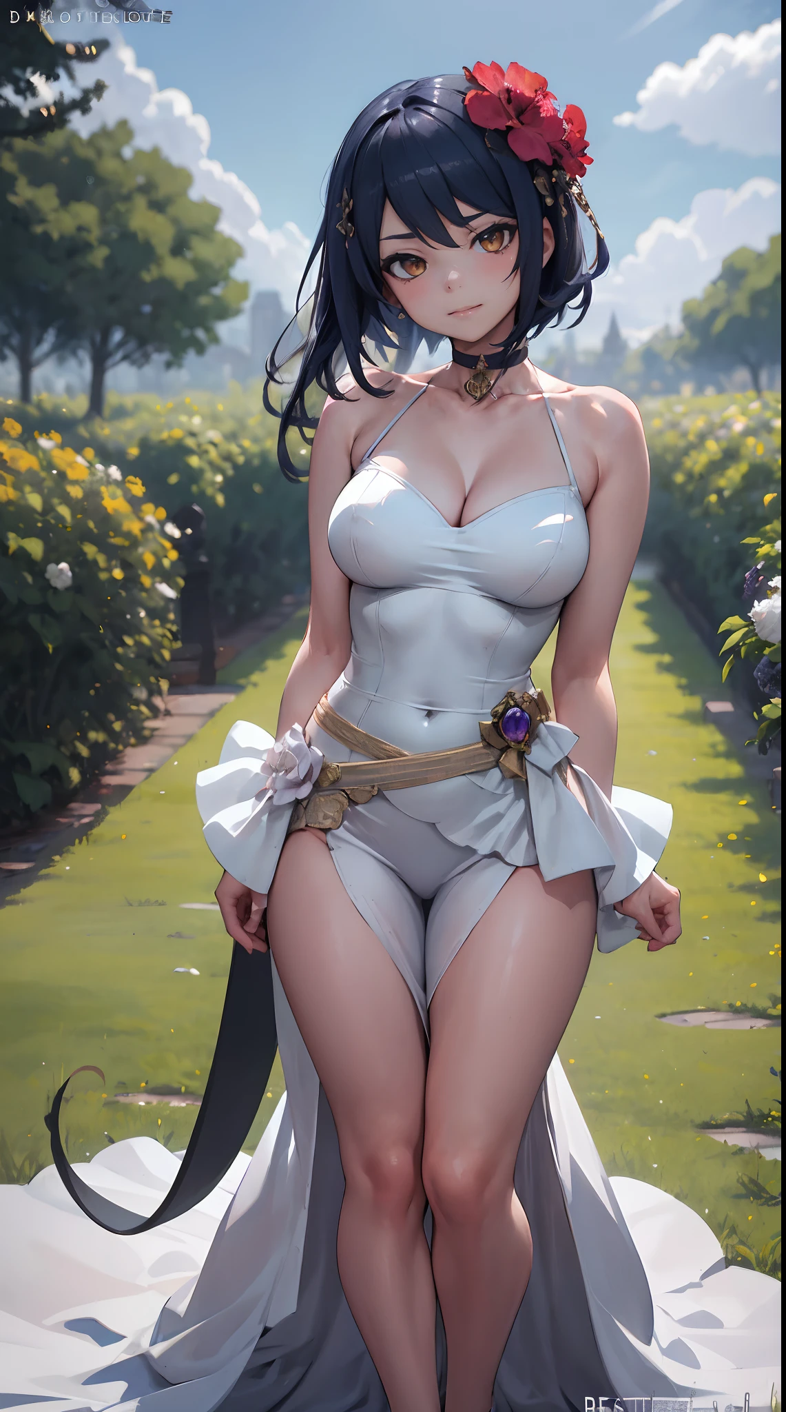 Kujou Sara| genshin impact, master-piece, bestquality, 1girls,25 years old, proportional body, proportional., Wedding Dresses, White Wedding Dress, Long skirt, mediuml breasts, ,bara, choker, Standing in the middle of a flower garden, outdoor, The sky is beautiful, arm behind back, View viewers from the front., Thigh strap, Head tilt, bored, HD, slight smile,
