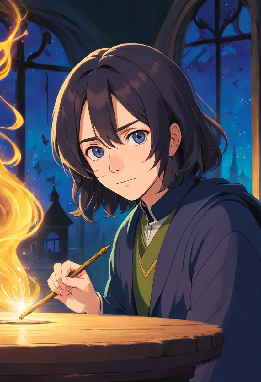 Snape waved his wand，Two-dimensional style，clean backdrop，Light sense，4K，连贯，8k，Popular in the art stage，realisticlying