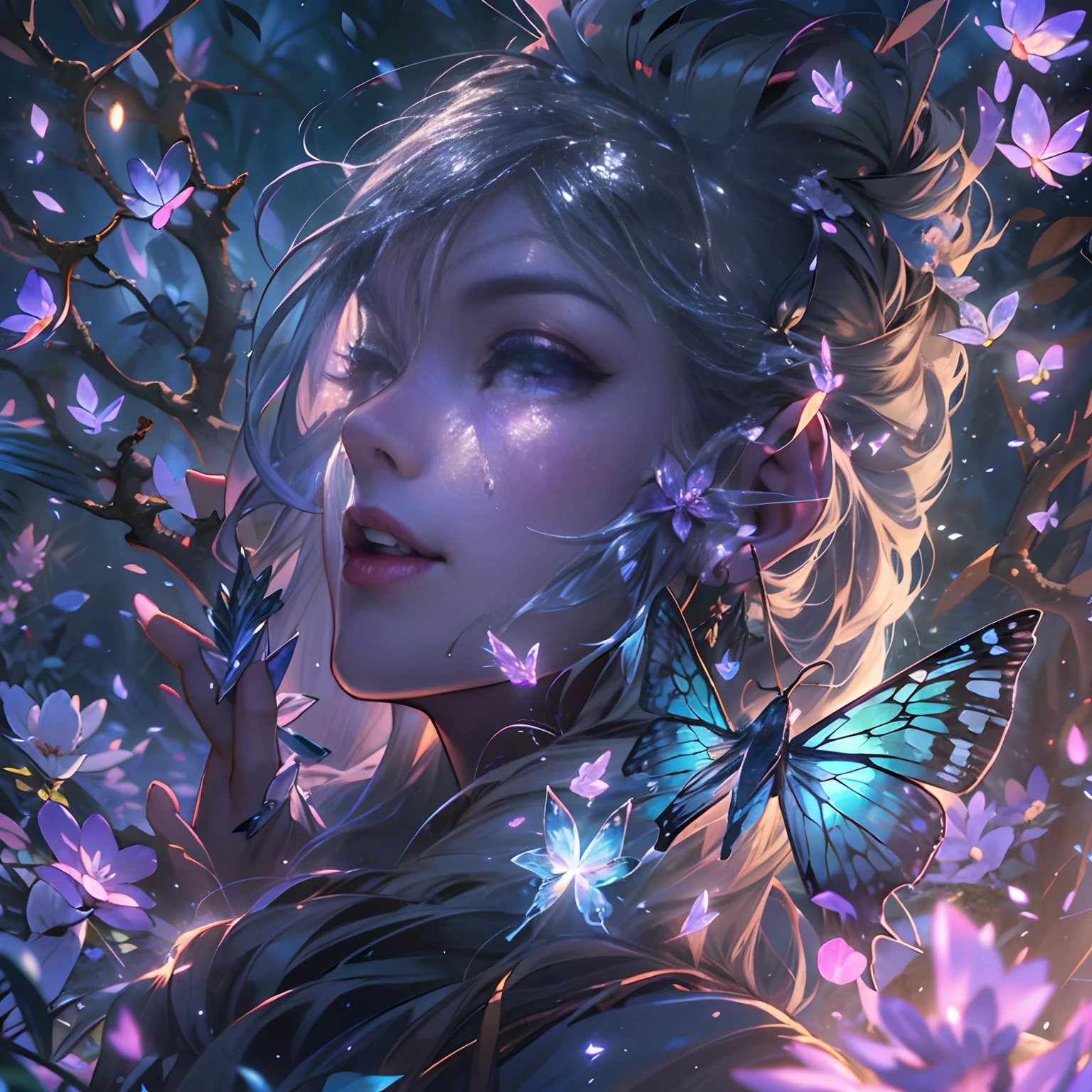 Fantastic snow and ice jungle，Many scattered crystal trees、Glowing amethysts illuminate the snow and ice、Shine in the center，Beautiful transparent flowers, Transparent colored butterfly, The wand flutters in the wind､The crystal shimmers with starlight，Golden wand，transparent feathers，fanciful、Starskrim、cleanness、glimmering、Shines、magnifica、Verdant、Light、with light glowing，Magic pictures,Delicate leaves and branches are surrounded by fireflies（nature elements），（Jungle theme），（Foliage），（tree branch），（glowworm），（Particle effect），Masterpiece, Super detailed, Epic composition, Highest quality, 8K，Epic romantic fantasy digital art，Epic fairy tale fantasy digital art，Mythological fantasy，tmasterpiece，high qulity，8K，UHD resolution，Detailed detail drawing，realisticlying，Very realistic，cinmatic lighting,an award winning photograph,rich colours，hyper realistic lifelike texture，dramatic  lighting
