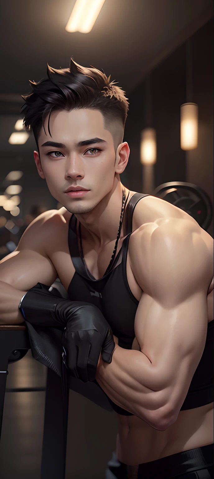 （masterpiece）8K分辨率、top-quality、Handsome young man sweating in gym、blonde pixie cut, black colored eyes、Model style、Outfits that fit the gym、elegent、anime styled