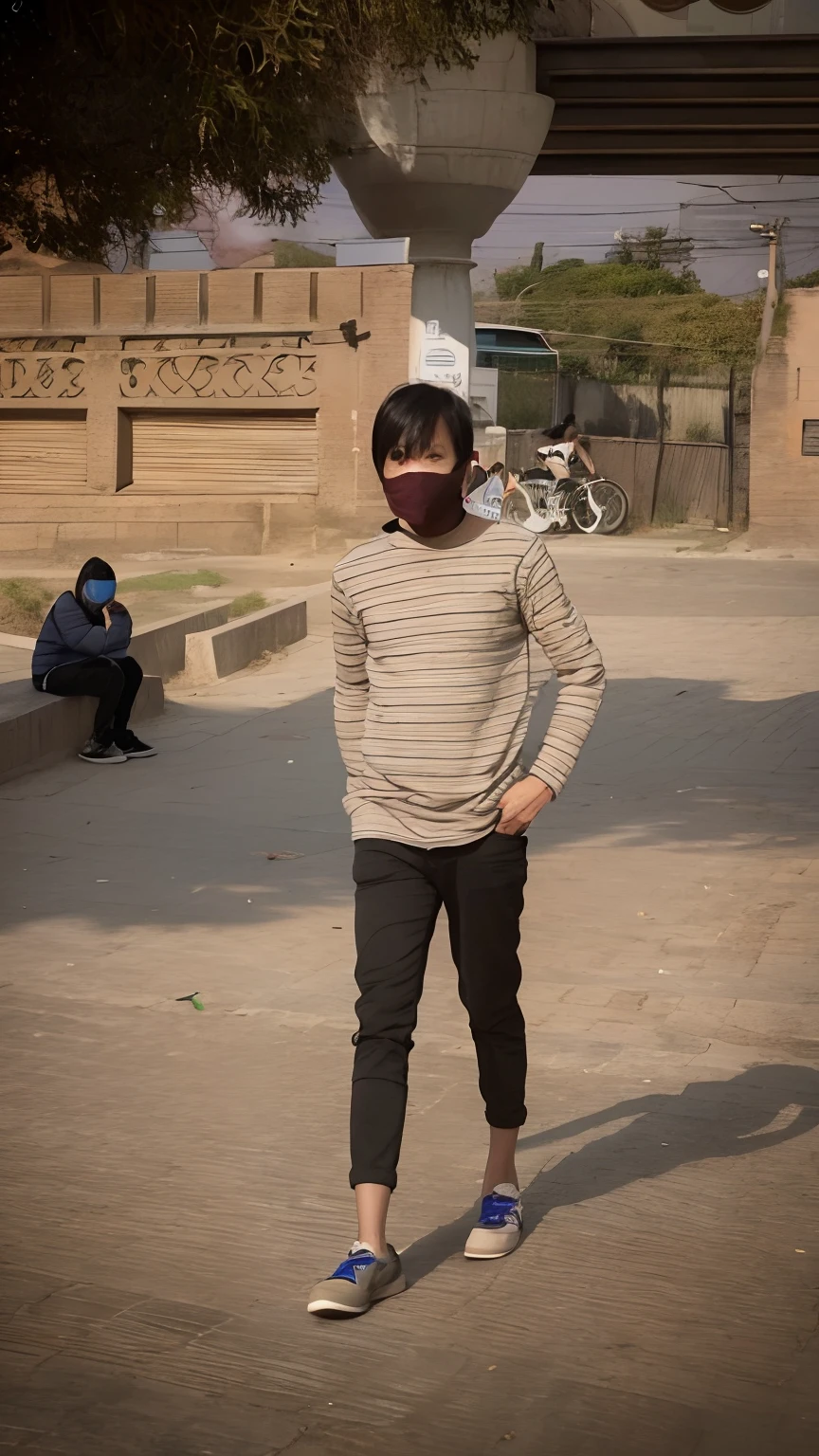 there is a woman standing on the street with a skateboard, standing in street, standing in road, standing in a township street, standing in the street, full body in camera, standing in township street, distant full body shot, candid picture, wearing mask, in city street, in a street, full body picture, standing in a city street, street pic