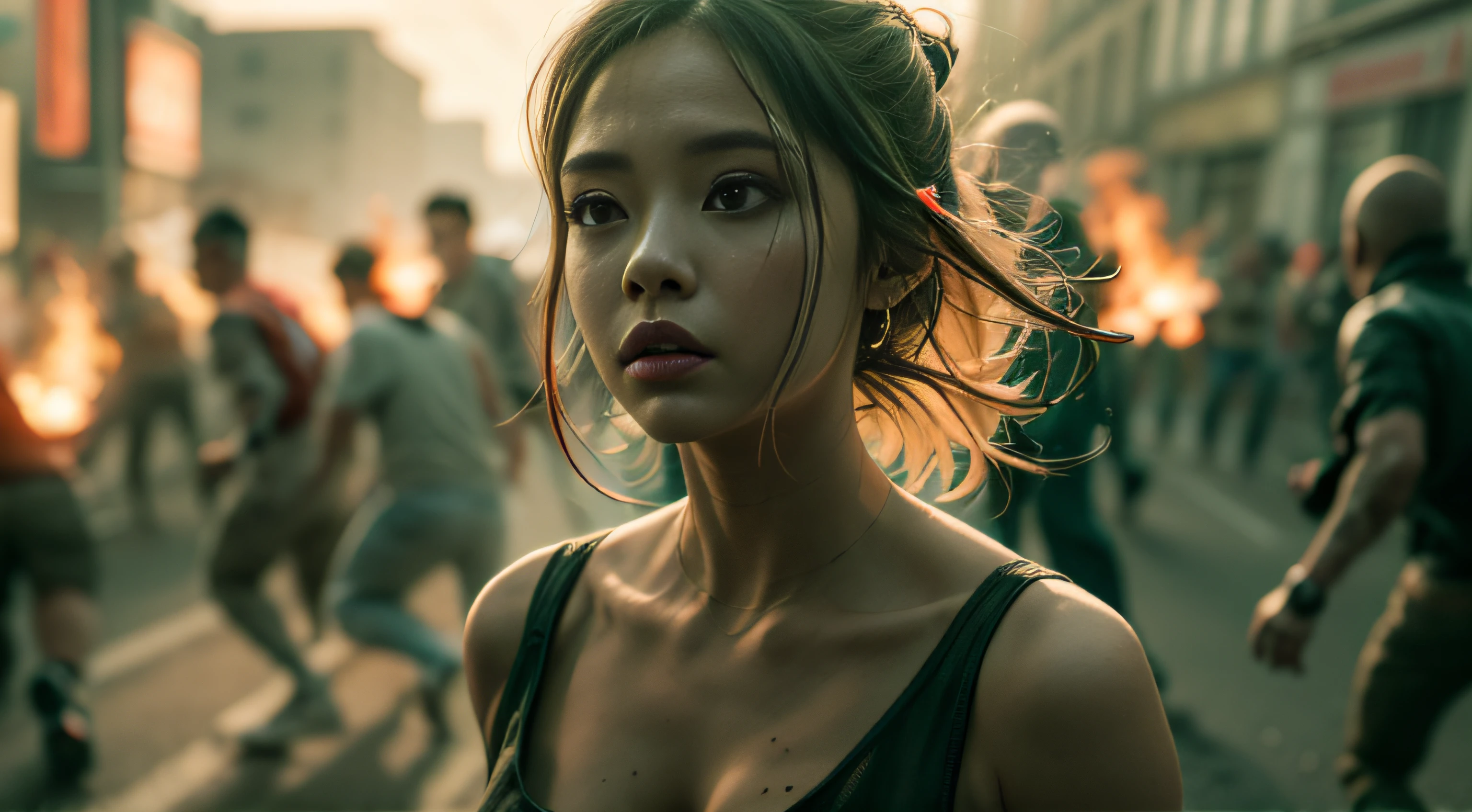 sunny mid day,She wore a short slip dress,Run away on the road, Behind her, There is a large group of zombies chasing, Flames and general destruction, The darkness of the Dark Ages,Medium shot,Cinematic light and shadow,8K clarity