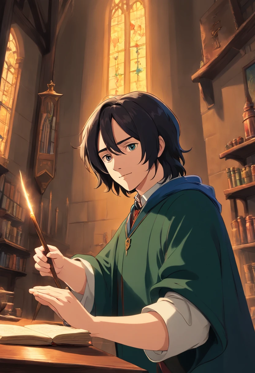 Snape waved his wand，Realistic1:3，Ghibli anime，clean backdrop，Light sense，4K，连贯，8k，
