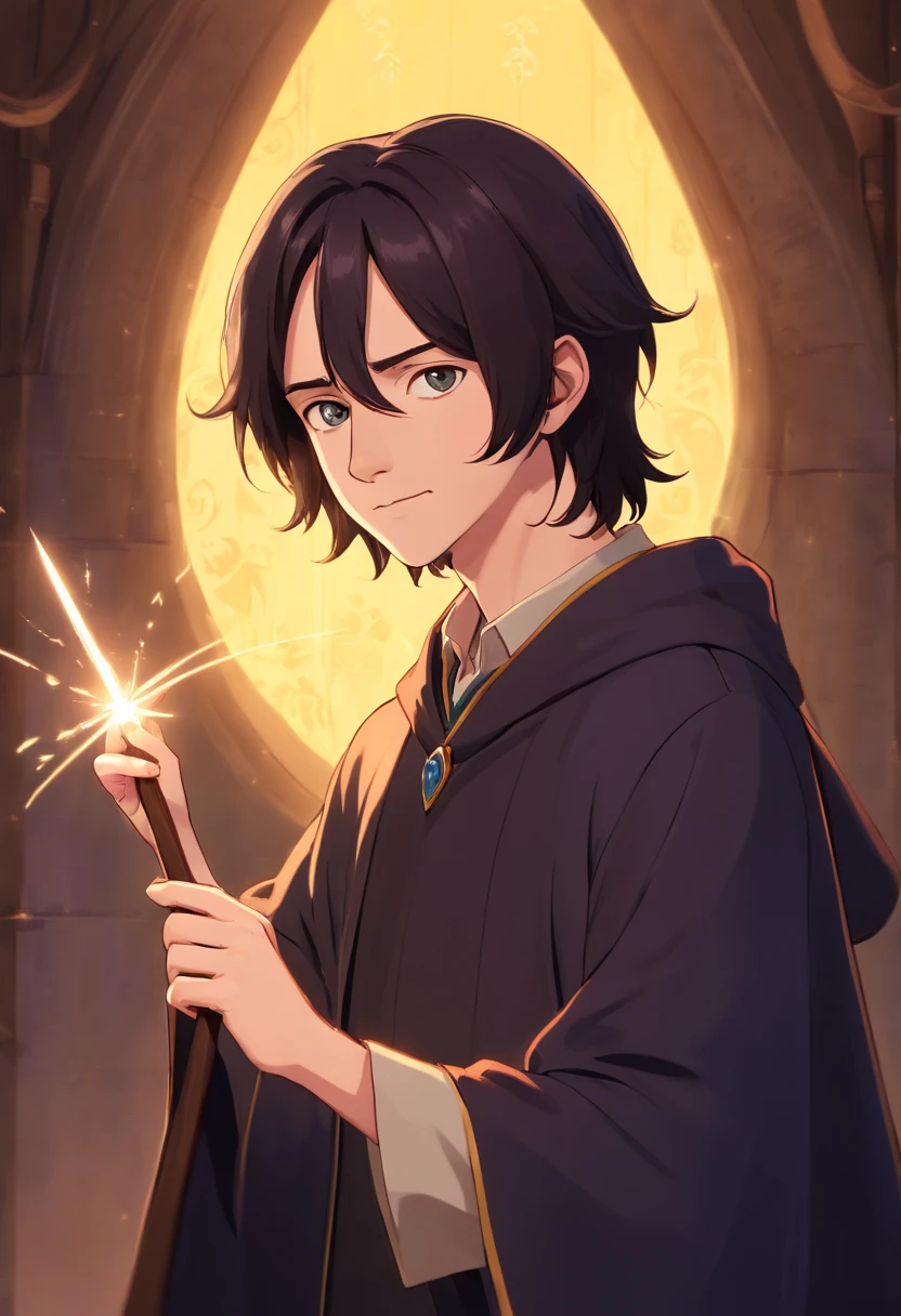 Snape waved his wand,Two-dimensional style,clean backdrop,Light sense,4K,连贯,8k,Popular in the art stage,realisticlying