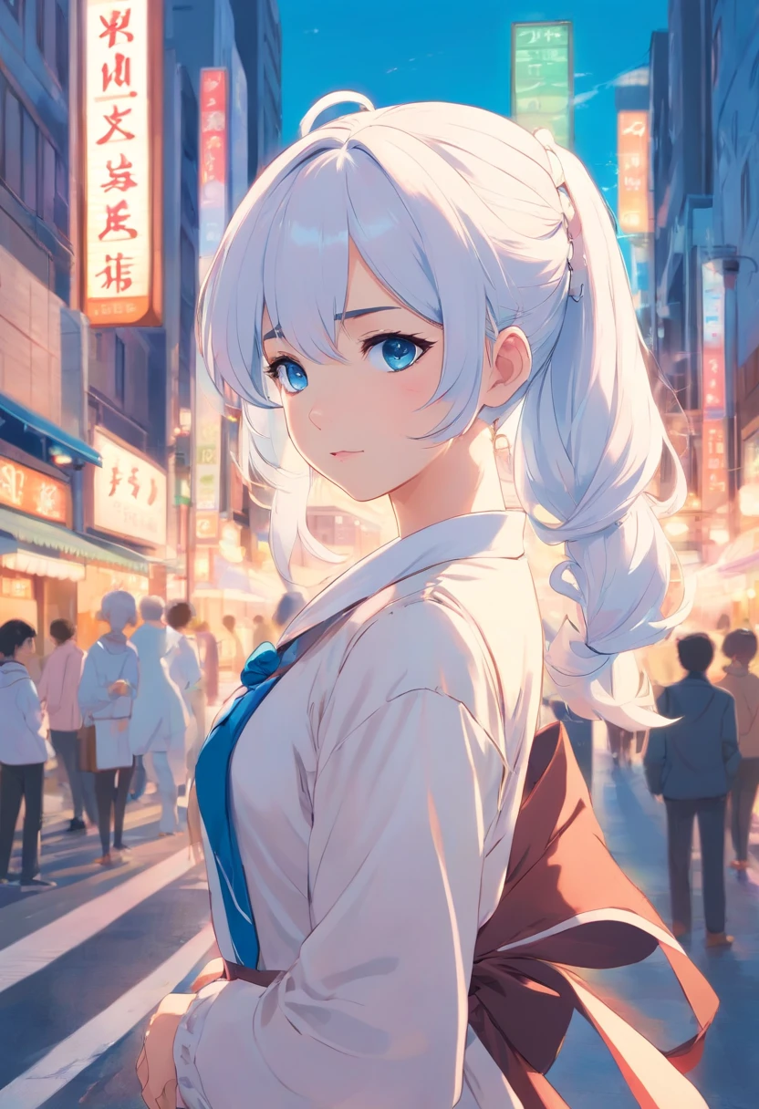 White color hair,Double ponytail curls,blue color eyes,White Lolita,Beth,A bustling city street