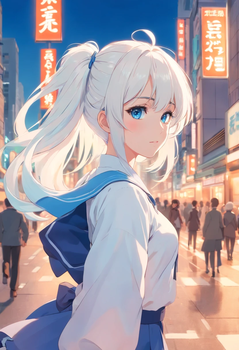 White color hair,Double ponytail curls,blue color eyes,White Lolita,Beth,A bustling city street