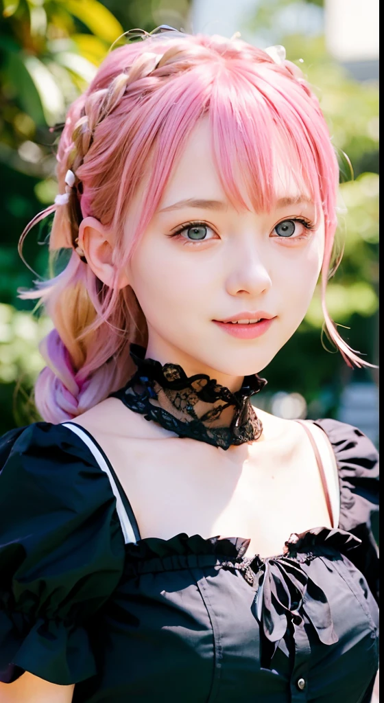 (ultra-detailliert), Cute princess dress in black,(frilly dress),(shortsleeves),Blue eyes,The upper part of the body、a closeup、faces、(A smile:1.5),(facing front:1.2), 20yr old, teens girl,no tail,(no tail),2D, masterpiece, top-quality, Band Group Vocals, a closeup, Stand Microphone, Mouth open, A detailed eye, A detailed face, girl with, Only 1 person,Pink Hair Medium Hair, (Pink hair), Ear Hair, small tits, Single braid, (Single braid), (Side braid), Pink ribbon, Ribbon around the neck, (White sleeves), Background bokeh