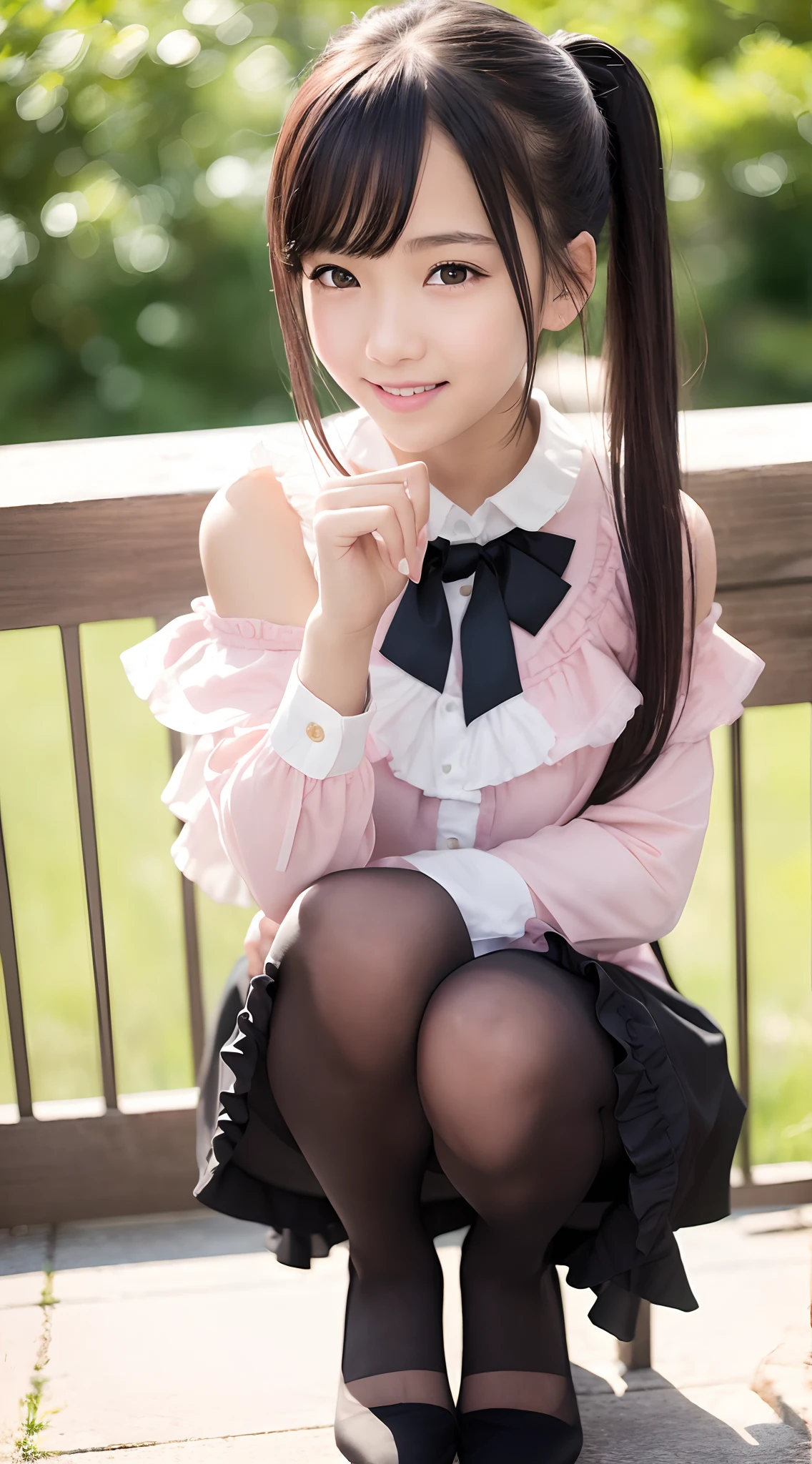 ​masterpiece、top-quality、8K、(Photorealsitic: 1.4)、ultra-detailliert、hight resolution、finely detail、独奏、(1girl in:1.4)、(real looking skin:1.2)、beautiful a girl、Perfect figure、extremely detailed eye and face、Super dense and beautiful eyes、High-quality and realistic finger reproduction:1.3、Smiling smile:1.3、(Pink ruffled blouse、a black ribbon)、Black ruffled skirt、knee high socks、pumps、squatting in front of the wall