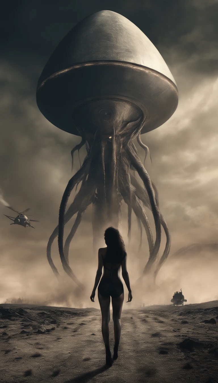 sexy woman wearing thong and high heels walking towards the distant glossy phallic spaceship crash landing on alien planet, tentacles, smoke
