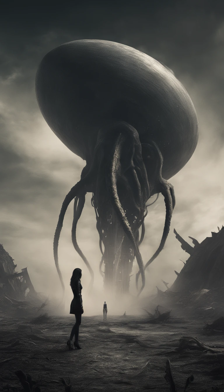 sexy woman wearing thong and high heels walking towards the distant glossy phallic spaceship crash landing on alien planet, tentacles, smoke