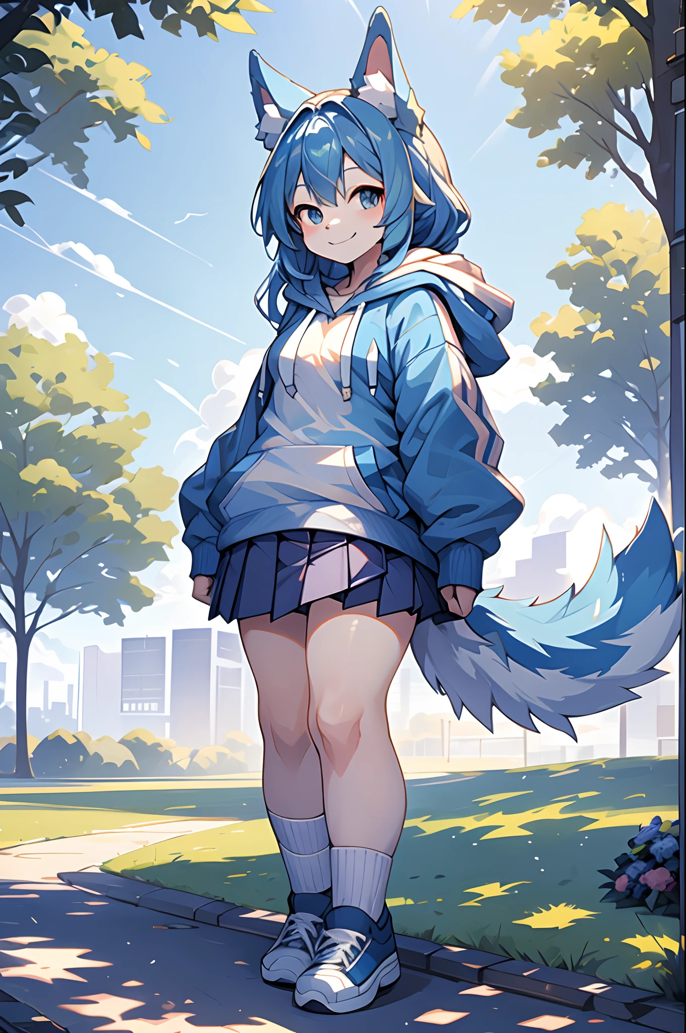 (Masterpiece) (High Detail) (High Res) A ite humanoid girl with long blue hair, blue dog ears and a fluffy dog tail, is stood in the middle of a park. Stood up. Full body reference image. white socks, blue hoodie, pleated skirt. png, blank background, smiling.
