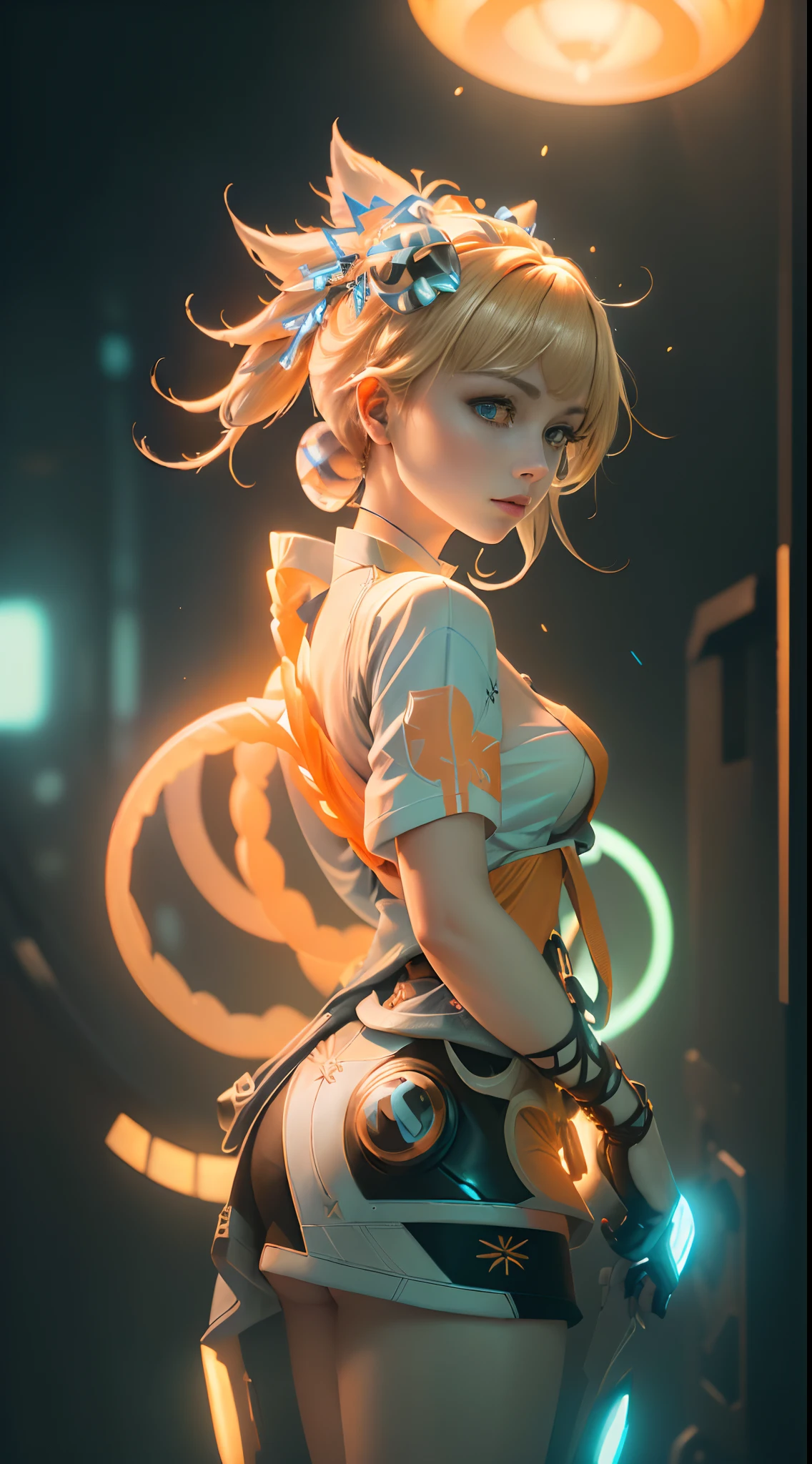 (masterpiece, best quality, high res, absurdres, ultra-detailed:1.3), 1 girl, (tron, cybers pace, techno, (((white kimono))), cyberpunk, (((blonde hair))), yellow and orange neon light rays, synthwave, iridescent, holographic, hdr: 1.6), (prpdef1, cowboy shot:1.3), perfect hands, perfect eyes, perfect body, intricate details