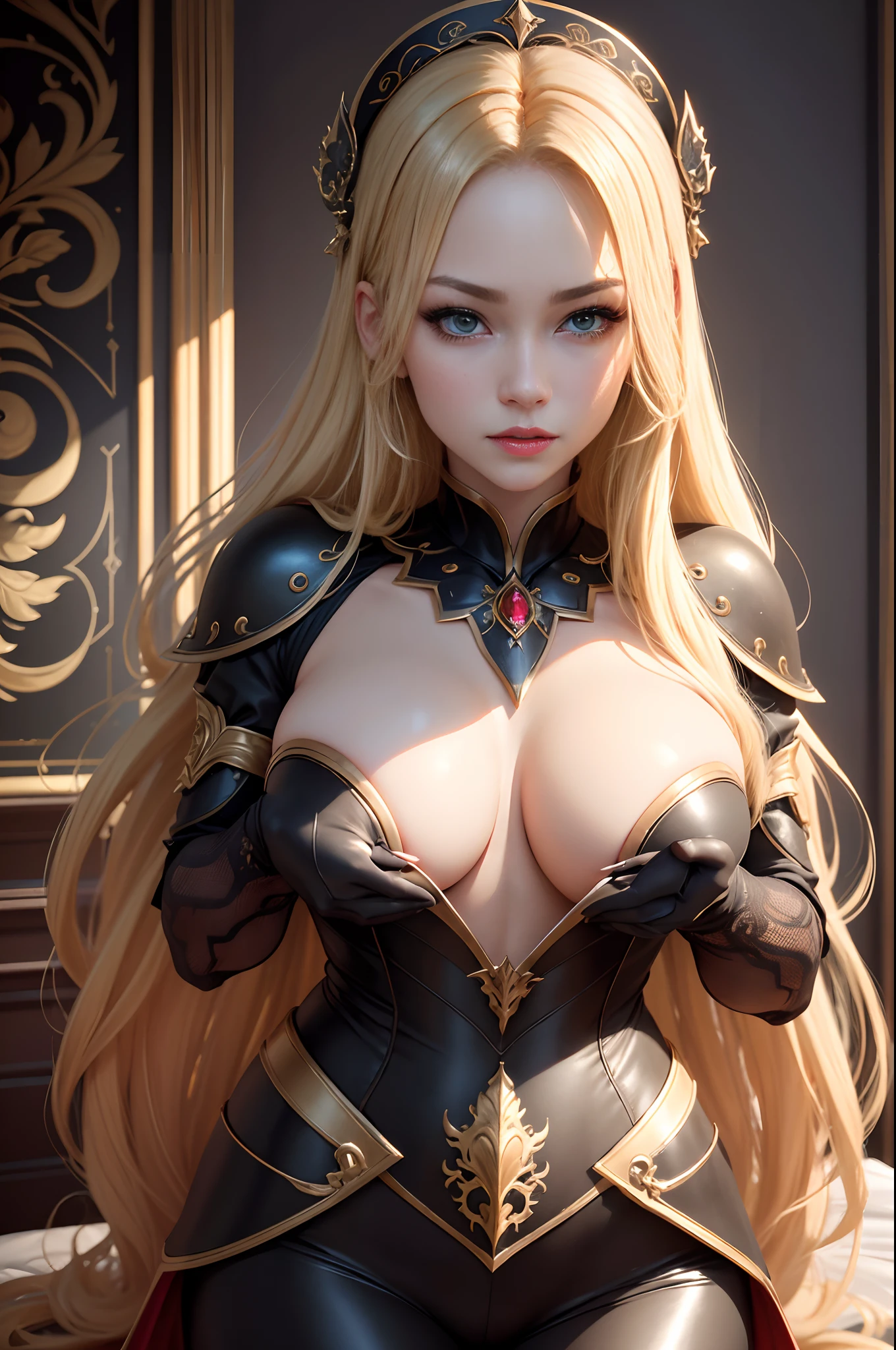 ((8K,High image quality High image quality、masterpiece:1.4))、1、Long Blonde Hair、gradation hair、Super Beautiful Demon Hunter、beautiful expression、red-lips,beautidful eyes、Models with large breasts、Perfect face shape、Black and bright red sexy chest armor、Glossy black and bright red trousers and legers,With a large kissel,Golden decoration,Realistic proportions、Dynamic Poses、high details、Convoluted、intricate-detail、Realistic eyes、Realistic eye proportions、foco nítido、32K、Realistic lighting、Extreme details、Realistic pupils、realistic proportion eyes、Pupils of realistic proportions、Realistic Shadows、Evafee,1LADY
