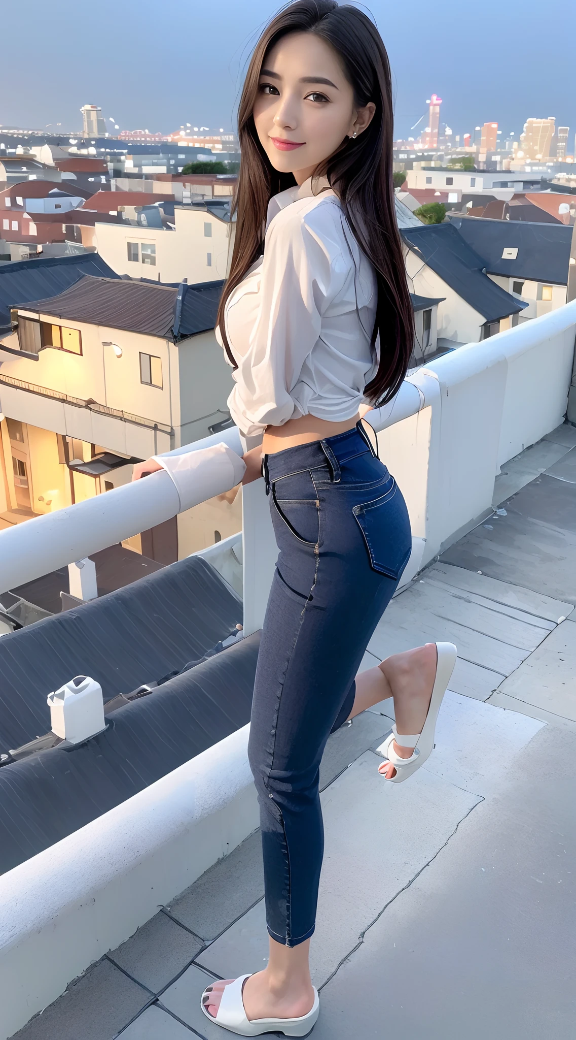 ((midynight, Need, 8K, tmasterpiece:1.3)), full bodyesbian, Long legs, Focalors:1.2, Petite short girl,Skinny:1.4, Slim abs:1.1, ((Medium long straight hair,Dark brown hair, mediuml breasts:1.2 )), (White loose button shirt,Low-rise washed blue flared trousers,detailed outfits:1.2), (standing on your feet:1.2), ((city night scene, the roof:1.3)), Highly detailed facial and skin texture, A detailed eye, 二重まぶた,Beautiful facial features,A smile on his face,shapely legs,Lengthened denim flared pants,Wear sandals,Reveals tender white toes,Shoot from all angles,Show off your slender waist and beautiful narrow hips,fully body photo