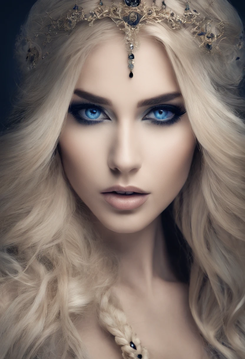 anime, face, blonde hair, blue eyes, long hair, white background,. extremely voluptuous tits, jewelry, (best quality, 4K, 8K, high-resolution, masterpiece), ultra-detailed, photorealistic, striking young woman, huge naked chest, bold Neo-Gothic makeup, bold Neo-Gothic hair, vibrant Pop Art inspired outfit, intricate facial designs, modern fashion, high fashion,