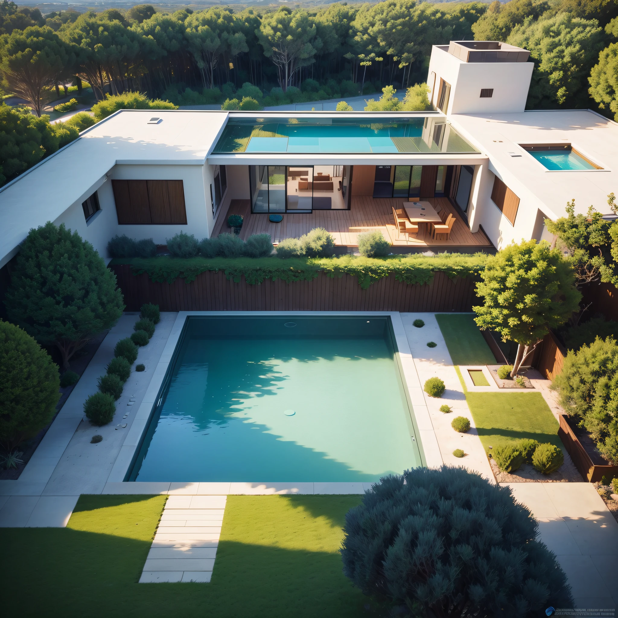 Organic modern architecture on a fairly large plot, from , there is a swimming pool in the middle of a large house of a flower, color of the house in chocolate brown and black beams, large modern residence, flat roofs and garden, render luxcore, render oktane, a photorealistic rendering, architectural rendering, mantra rendering, architectural rendering, realistic rendering, architectural visualization, wellness pool, Architectural visualization, large green zones, with small zones of lavender flowers, green shrubs type lush green garden, as well as small water mirrors, swimming pool embedded in an area of sand, olive and pine trees around the house, paddle court next to the house