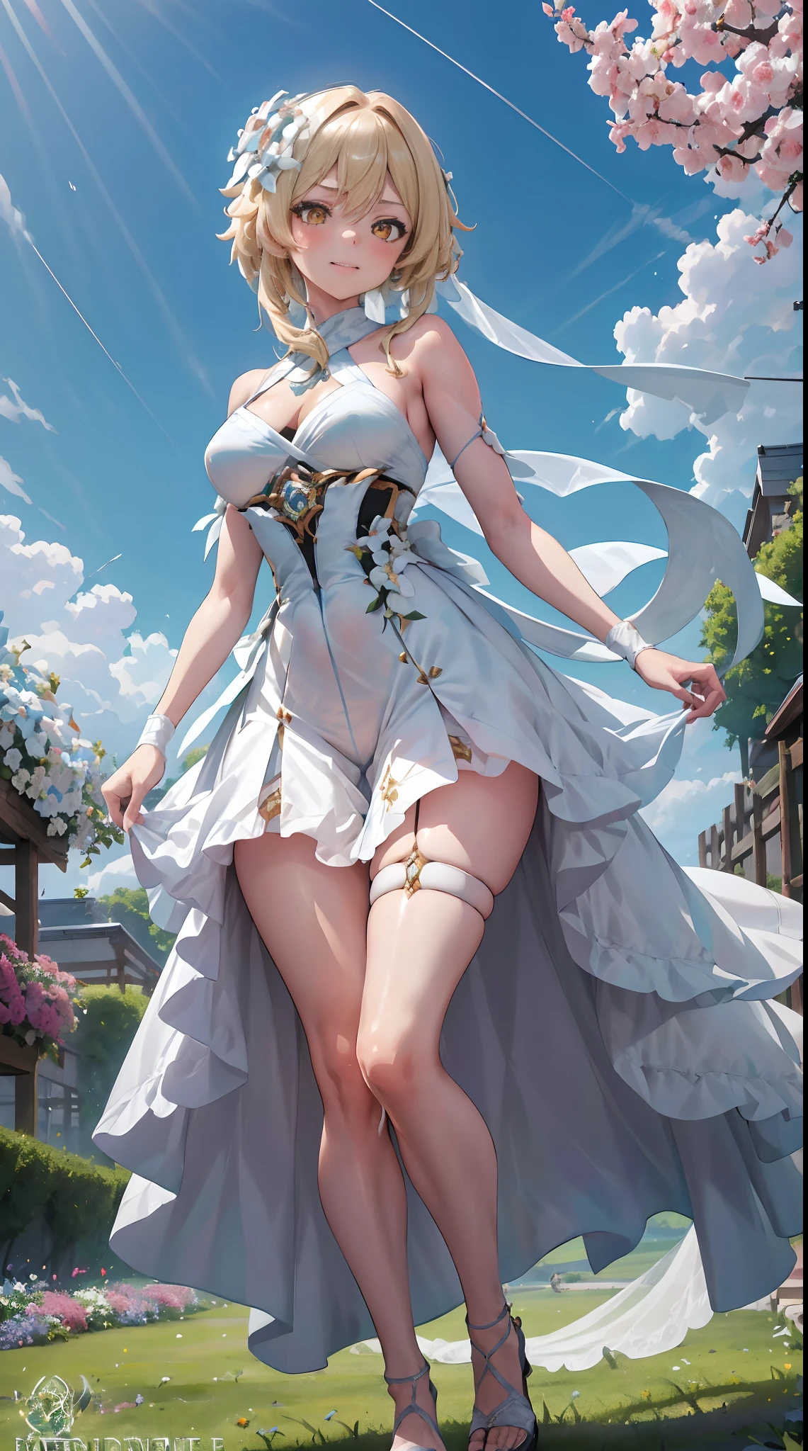 Lumine | genshin impact, master-piece, bestquality, 1girls,25 years old, proportional body, proportional., Wedding Dresses, White Wedding Dress, Long skirt, wedding, mediuml breasts, ,bara, Standing in the middle of a flower garden, outdoor, wedding, The sky is beautiful, Both hands hold a bouquet of flowers......................., View viewers from the front., Thigh strap, Head tilt, bored, 10, 10, HD, slight smile,