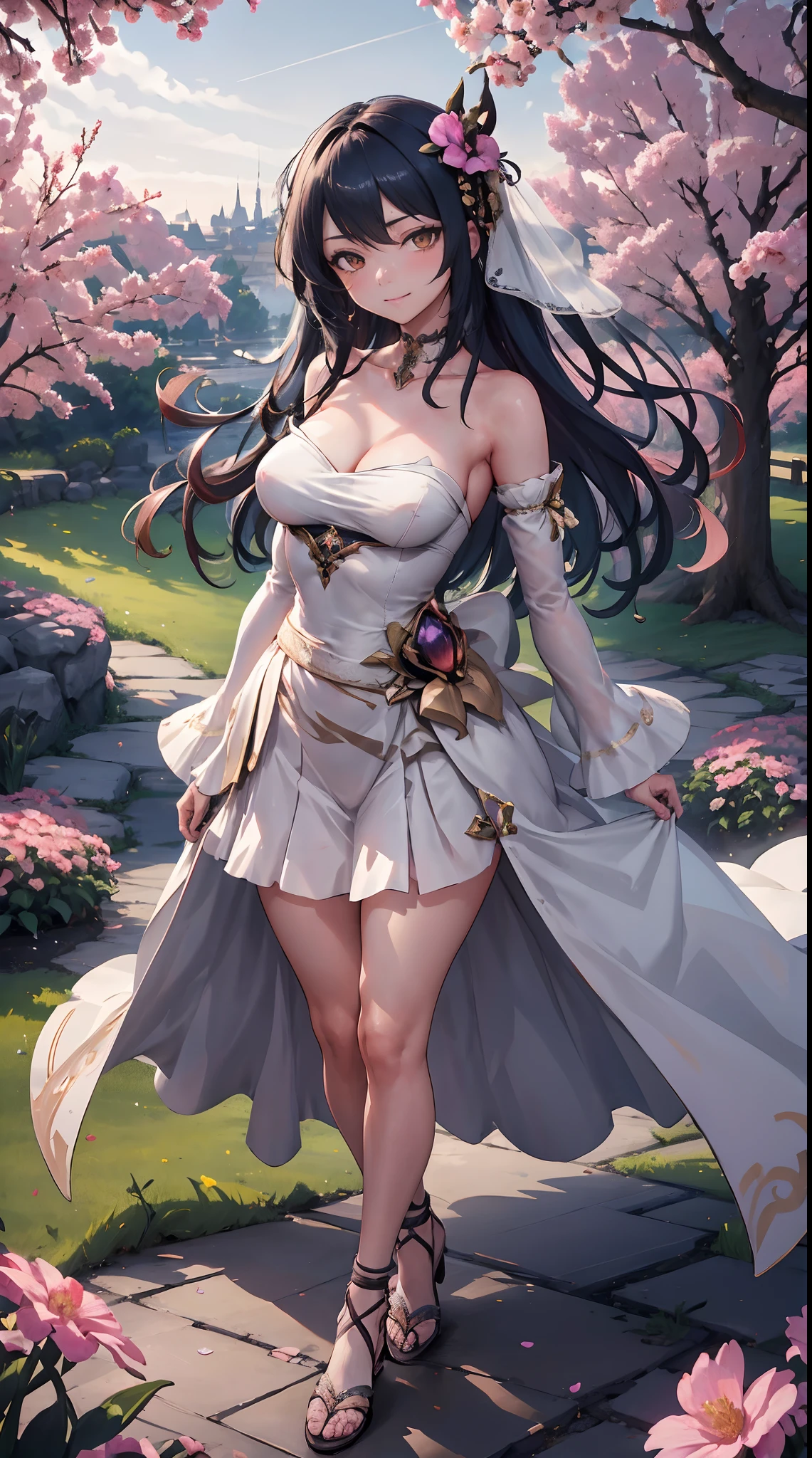 long hair, black hair, medium breast, slim legs, happy, white gown, cleavage, arabian belly dancer , skirt, rin tohsaka, twin tail, navel, garden, night, blue eyes, posing