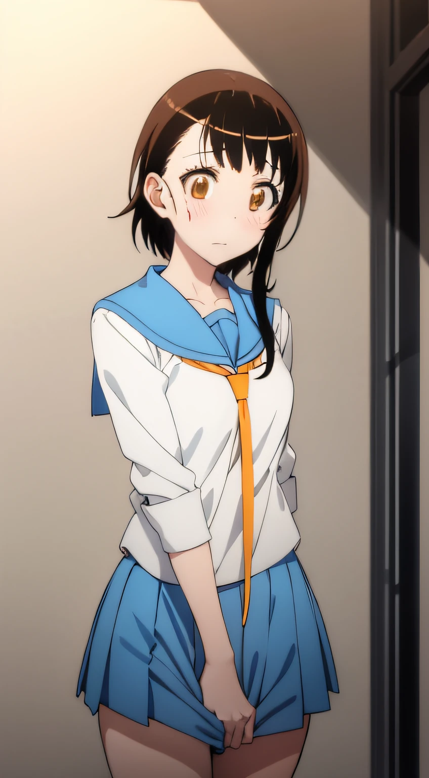 (the Extremely Detailed CG Unity 8K Wallpapers), (masutepiece), (Best Quality), (Ultra-detailed), (Best Illustration), (Best Shadow), (absurderes), 1girl in, Solo, clothes tug, skirt tug,Dress Tug, shirt tug,Sweater Tags,Wind,wind lift,onodera kosaki, School uniform, serafuku, orange necktie, Light blue skirt, Looking at Viewer, red blush、embarrassed from