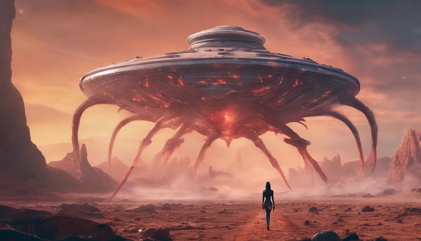 sexy woman wearing thong and high heels walking towards the distant glossy phallic spaceship crash landing on alien planet, tentacles, smoke