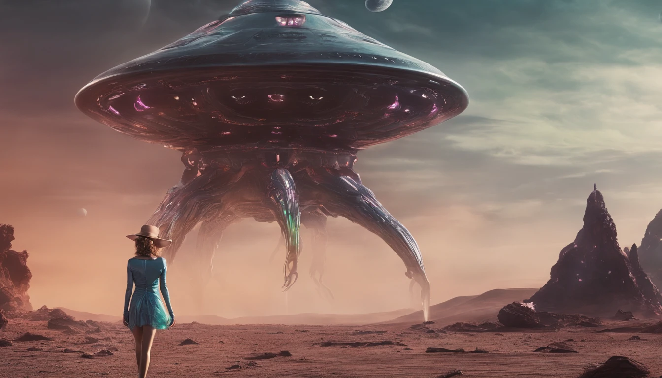 sexy woman wearing thong and high heels walking towards the distant glossy phallic spaceship crash landing on alien planet, tentacles, smoke