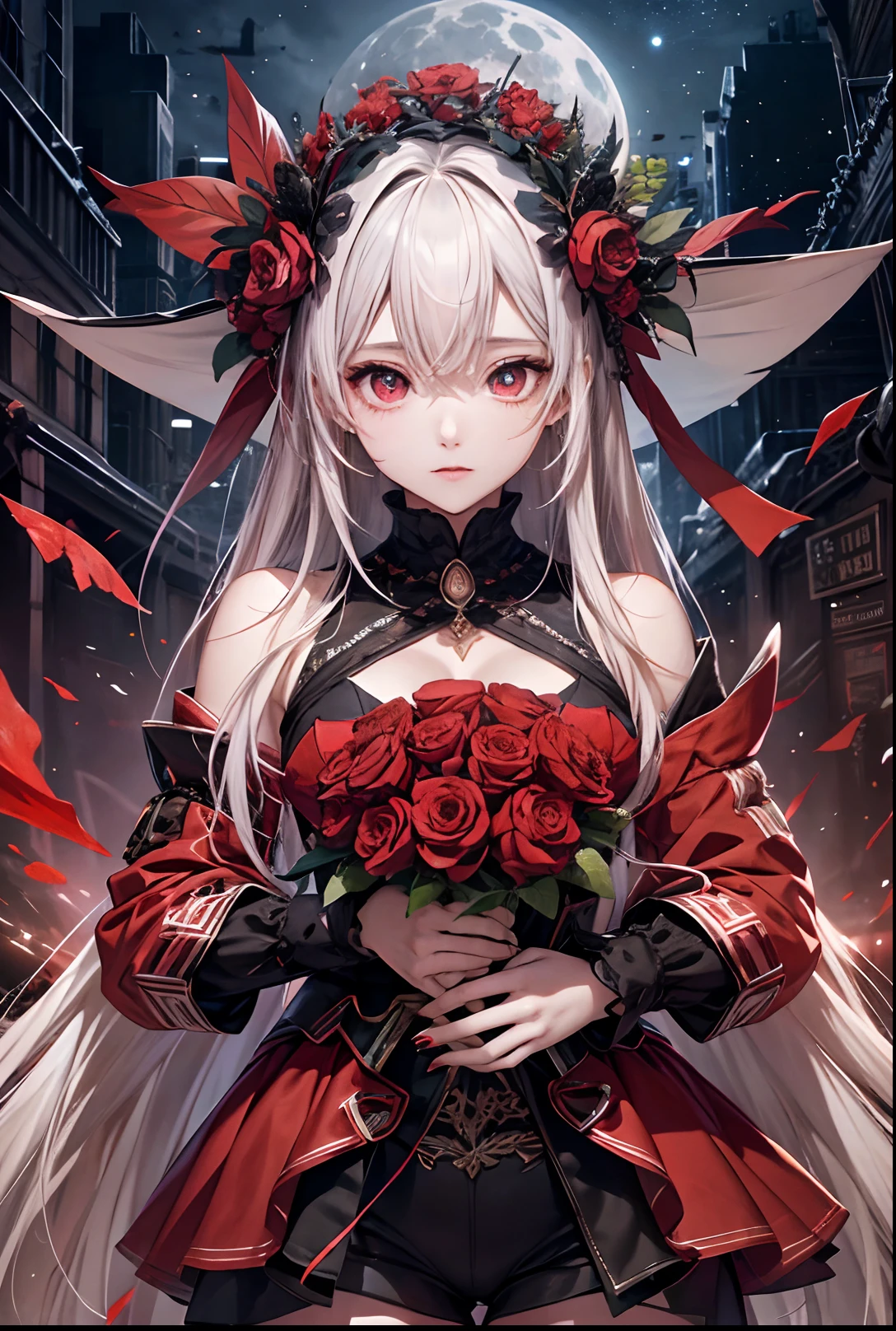 absurderes, ultra-detailliert,bright colour, extremely beautiful detailed face and eyes,top-quality、masutepiece、horor、Valley、cabelos preto e longos、red eyes、Return blood、Ruins、starrysky、Red Moon