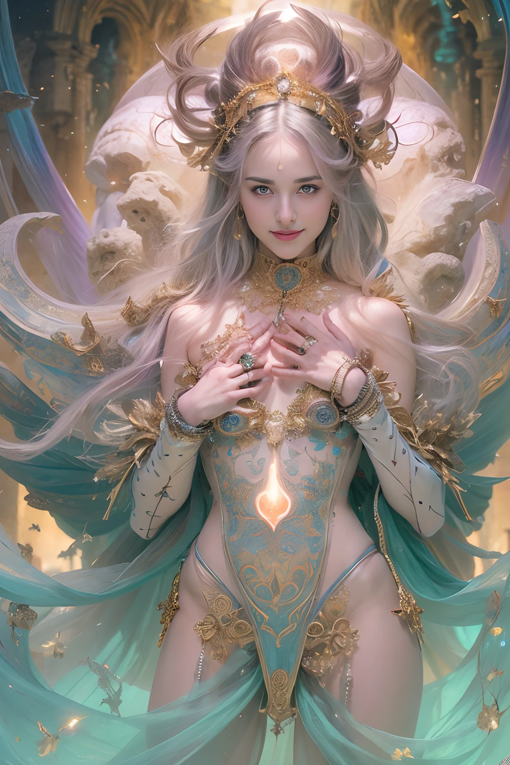 (Two beautiful age italian girls:1.6), Close friends, (They are hugging each other:1.2), Kiss her cheek or chest,(Detailed iridescent bodysuit with beautiful fractal or marble design:1.5)Incredible and spectacular scenes, ((High quality)), ((Detailed)), ((Fantasy)), Blue Plasma Brain, Green Plasma Body, Vulgarity, beutiful breast, (Open legs:1.4), obscenity, (Lewd smile:1.2), coarse, Obscene, mean, (raunchy:1.2), (Immoral:1.2), Lachish, (small breasts with beautiful raised pink areolas,,,:1.5), (Cameltoe), (Expression of ecstasy:1.2), Photorealistic, Official art, unity 8k wall paper, 8K Portrait, Best Quality, Very high resolution, (Incredibly beautiful nature background:1.6), (18 years old:1.5), (Sexy and glamorous:1.1), (A coquettish expression:1.6), (seductively smiling:1.6), (Full body), (erotic posing:1.5), Beautiful seductive face, Portrait, (Thick eyebrows:1.5), (Big purple eyes:1.2), Beautiful eyes with fine symmetry, (Ultra detailed eyes:1.4), (High resolution eyes:1.1), Intimate face, (ultra detailed skin texture:1.4), White skin, pale skin, Perfect Anatomy, Thin, (Beautiful toned body:1.1), Hair Bow, (Moist skin:1.1), full of sweat, No makeup, dark circles, Good anatomy, Focus Face, good-looking, (Emilia Clark:0.6) (Emma watson:0.3),(Jennifer Connelly:0.4), (sensual face:1.5), Elegant face, Nice, Dolce, Blurred back((looks up)), ((Looking down)), (Around her neck is a simple necklace of exquisite workmanship), (Bioluminescence with brilliant brilliance:1.3), (Use fancy flame magic:1.2), (Swirling flames), The Great Temple of the Devil, The Devil's Grand Shrine, great temple, great cathedral, temple ruins, detached temple, (Luminous magic circle), Ruins of an ancient castle, Shining majestic cloud masses and sky, lightning bolt, Epic Realistic, Faded, Art Book, (Greg Rutkowski:0.8), (teal and orange:0.4), (Art Station:1.5), Cinematic, ((Neutral colors)), (nffsw:1.5), (Muted colors:1.2), Hyper Detailed, Dramatic light, (Intricate details:1.1), Complex