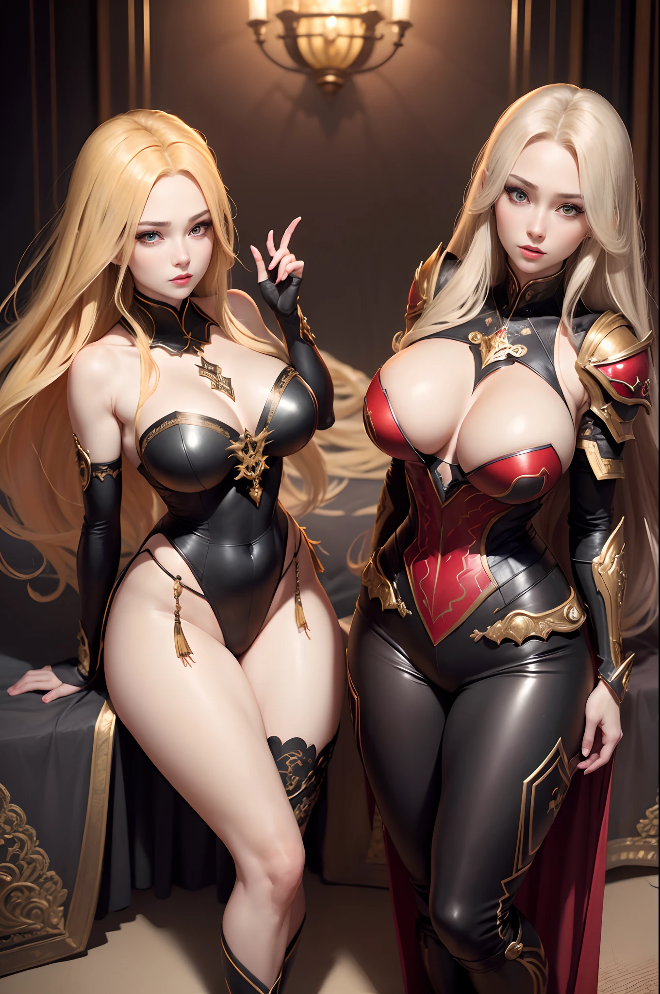 ((8K,High image quality High image quality、masterpiece:1.4))、1、Red and black sexy chest armor,Long Blonde Hair、gradation hair、Super Beautiful Demon Hunter、beautiful expression、red-lips,beautidful eyes、Models with large breasts、Perfect face shape、Glossy black and bright red trousers and legers,With a large kissel,Golden decoration,Realistic proportions、Dynamic Poses、high details、Convoluted、intricate-detail、Realistic eyes、Realistic eye proportions、foco nítido、32K、Realistic lighting、Extreme details、Realistic pupils、realistic proportion eyes、Pupils of realistic proportions、Realistic Shadows、Evafee,1LADY
