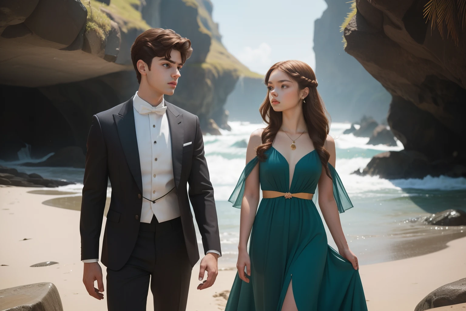year: 2023. Location: Scotland. Pre-Raphaelite scene with a 20-year-old Matthew Daddario, with Kristine Froseth, in gala attire, standing in a beach in front of a mysterious cave, ((look of awe)) ((mystery game)), ((((gala Clothing from the 2020s)))) ((Hairstyle of the 2020s)), pastel colors, (((cinematic style)))