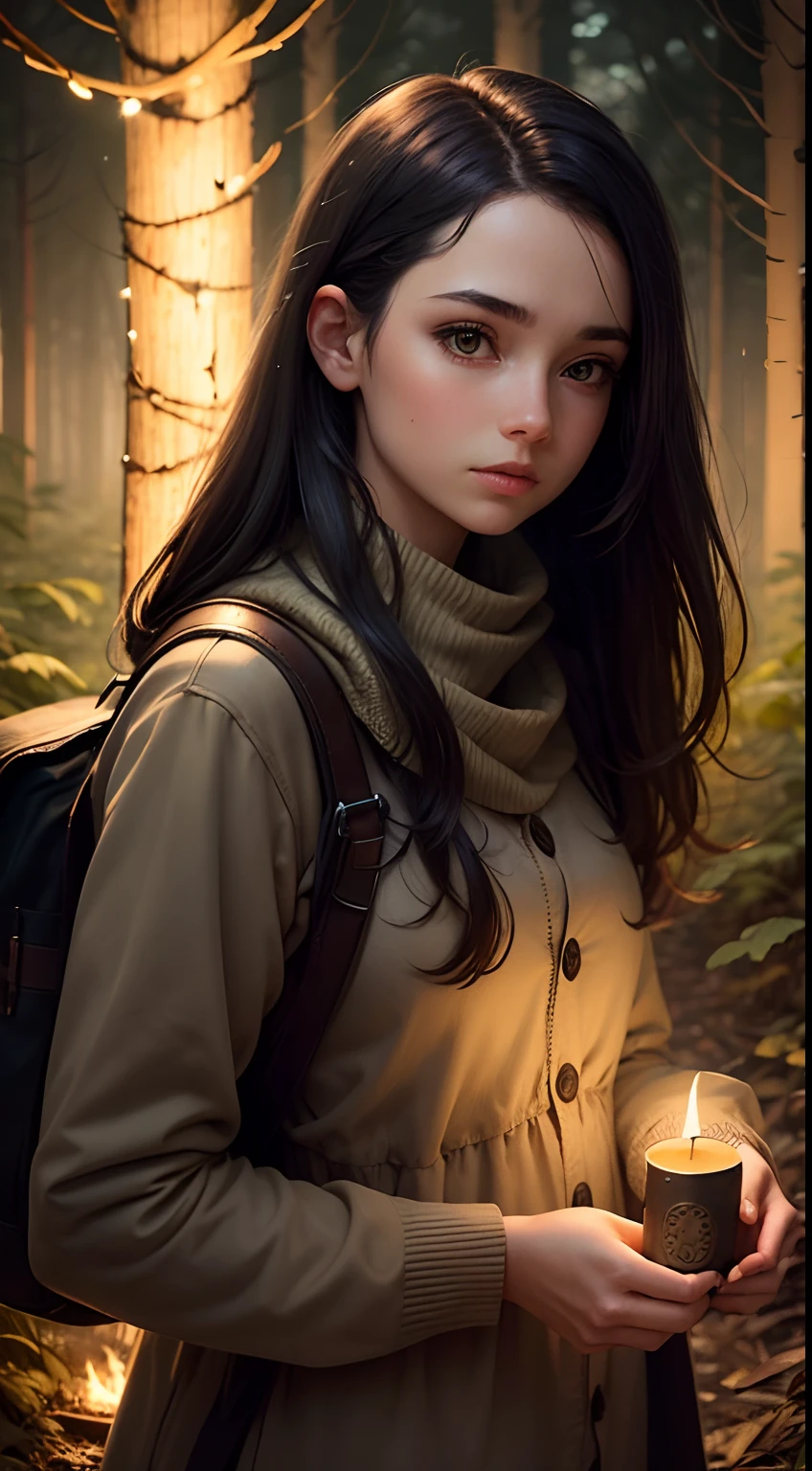 Woman holding a dusty diary in a forest at night full of fireflies around her