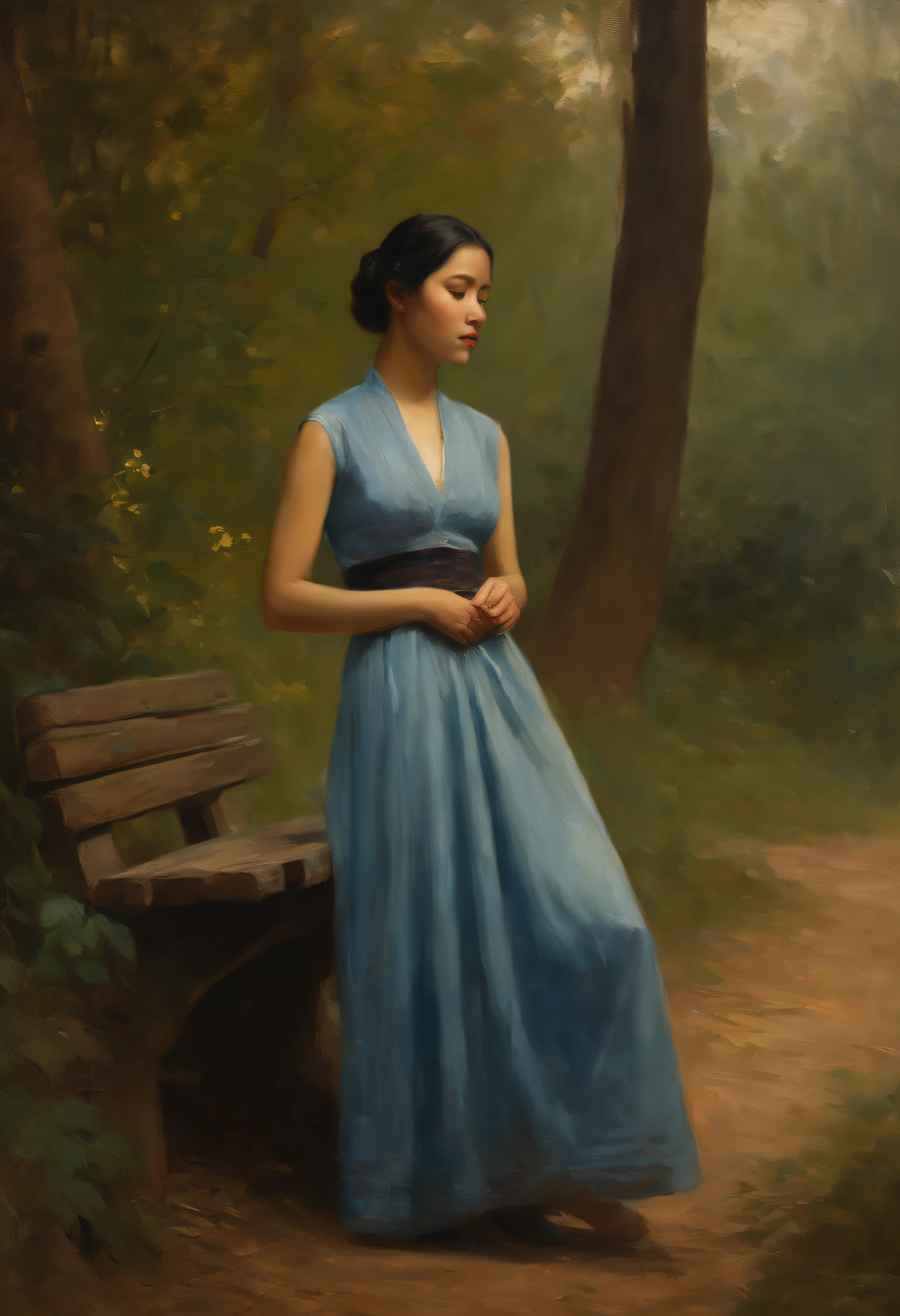 Painting of a young Vietnamese woman in blue Áo dài, Sitting on a bench in a wooded area, Eine junge Frau, Classical oil painting, von Jean Baptiste Camille Corot, young woman, Mihaly Munkacsy, inspired by Adolf Hirémy-Hirschl, William - Adolphe Bouguerea, junges Weibchen, Kizi, Young woman in a blue áo dài dress, Ron Hicks, Warmer Colors, (warme Herbstsonne von hinten), Licht und Schatten, helles Gesicht, colorful leaves on the trees, traurig, flush, sad smile, Traurige Augen