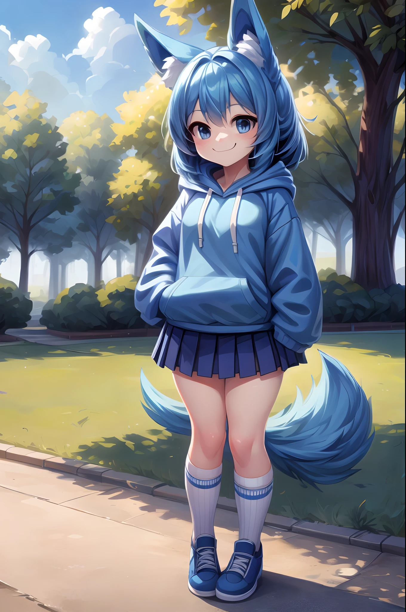 (Masterpiece) (High Detail) (High Res) A small petite humanoid girl with long blue hair, blue dog ears and a fluffy dog tail, is stood in the middle of a park. Stood up. Full body reference image. white socks, blue hoodie, pleated skirt. png, blank background, smiling.