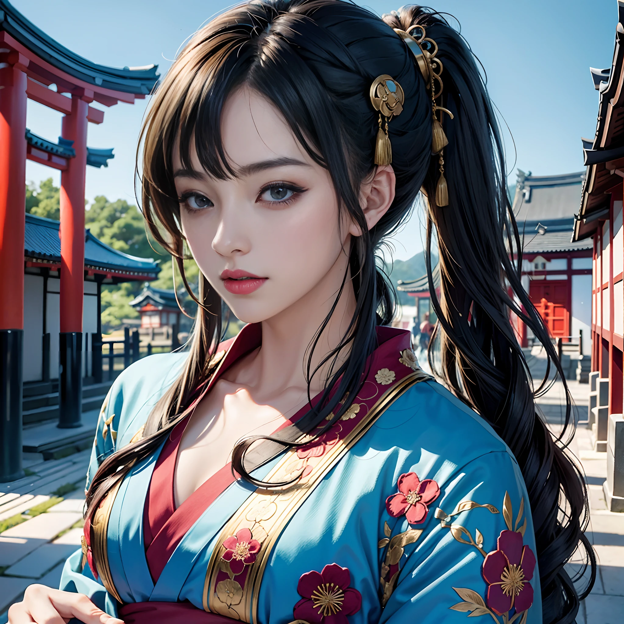 Cyberpunk style,BRAEK,Background of details(Temples and shrines in Kyoto(with no people)),BREAK,elaborate costume{Luxury kimono(Colorful kimono(detailed embroidery,))}、1womanl(Japanese actressl:1.2)(face perfect:1.2),Depicting a beautiful and classy adult woman,glossy dark hair(poneyTail),Heart in the eye, Wallpapers 16K,Blur the background with a sickle,((masutepiece)), ((Best Quality)),{{a portrait photo of}},full body Esbian