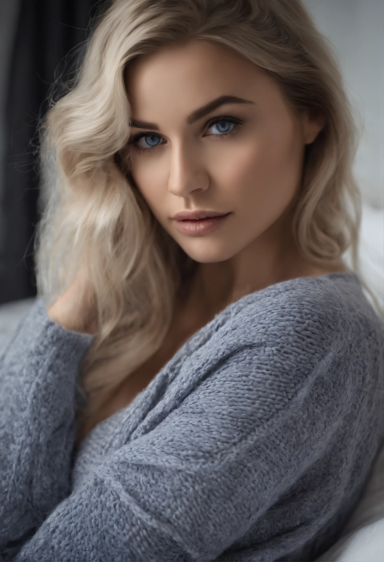 Woman wearing matching blue clothing , girl with blue eyes, portrait sophie mudd, portrait corinna kopf, blonde hair and large eyes, Augen im club Violet Myers, ohne Make-up, Natural makeup, Make-up, Stunning full body shot