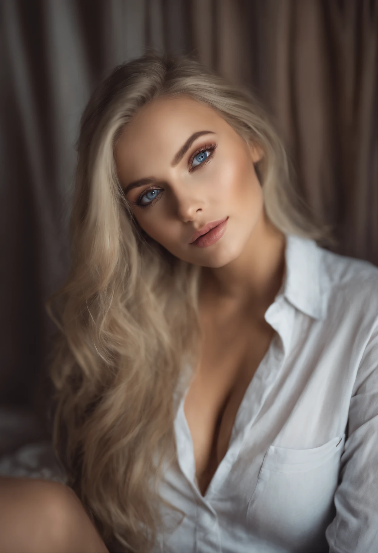 arafed frau voll , Sexy girl with blue eyes, ultra realistisch, Akribisch detailliert, portrait sophie mudd, blonde hair and large eyes, Selfie einer jungen Frau, Augen im Schlafzimmer, Violet Myers, ohne Make-up, Natural makeup, Blick direkt in die Kamera, Gesicht mit Artgram, dezentes Make-up, Stunning full body shot, die auf dem Bett kniet, im Schlafzimmer, medium to large bust size; ; ;nackt